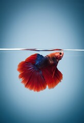 close-up photographic image of a betta fish, with a long, large, deep, shimmering, red, dark tail, swimming in crystal-clear, clear water