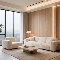 Modern Living Room with White Sofa, Wooden Wall, and Large Windows Overlooking the Sea