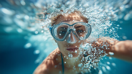 Naklejka premium Woman snorkeling underwater in crystal-clear blue water, surrounded by bubbles. Capturing the joy of summer vacation, travel, and aquatic adventures.