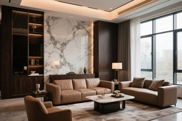Modern Living Room with Luxurious Furniture and Marble Wall