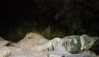 Stalactites and stalagmites in the cave.