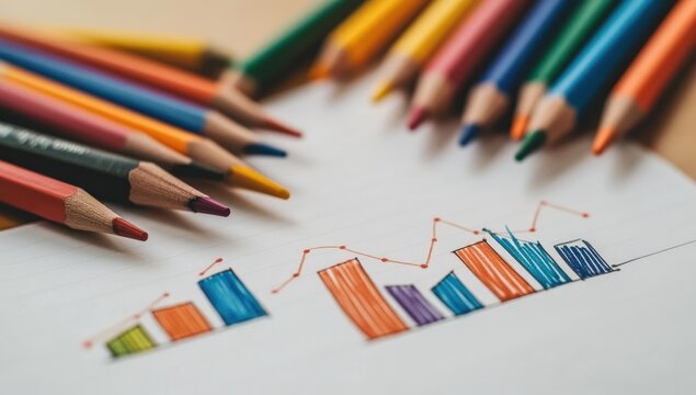 Colorful pencils clustered around a hand-drawn bar graph on white paper