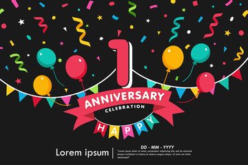 Fototapeta premium 1st year anniversary celebration emblem. congratulations anniversary logo isolated with colorful confetti, bunting flag, balloons and ribbon. vector illustration template design