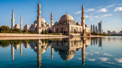 Majestic mosque reflected in calm water, surrounded by modern city skyline under a clear sky.