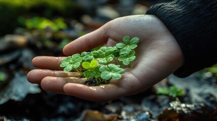 Hand holding small plants in forest