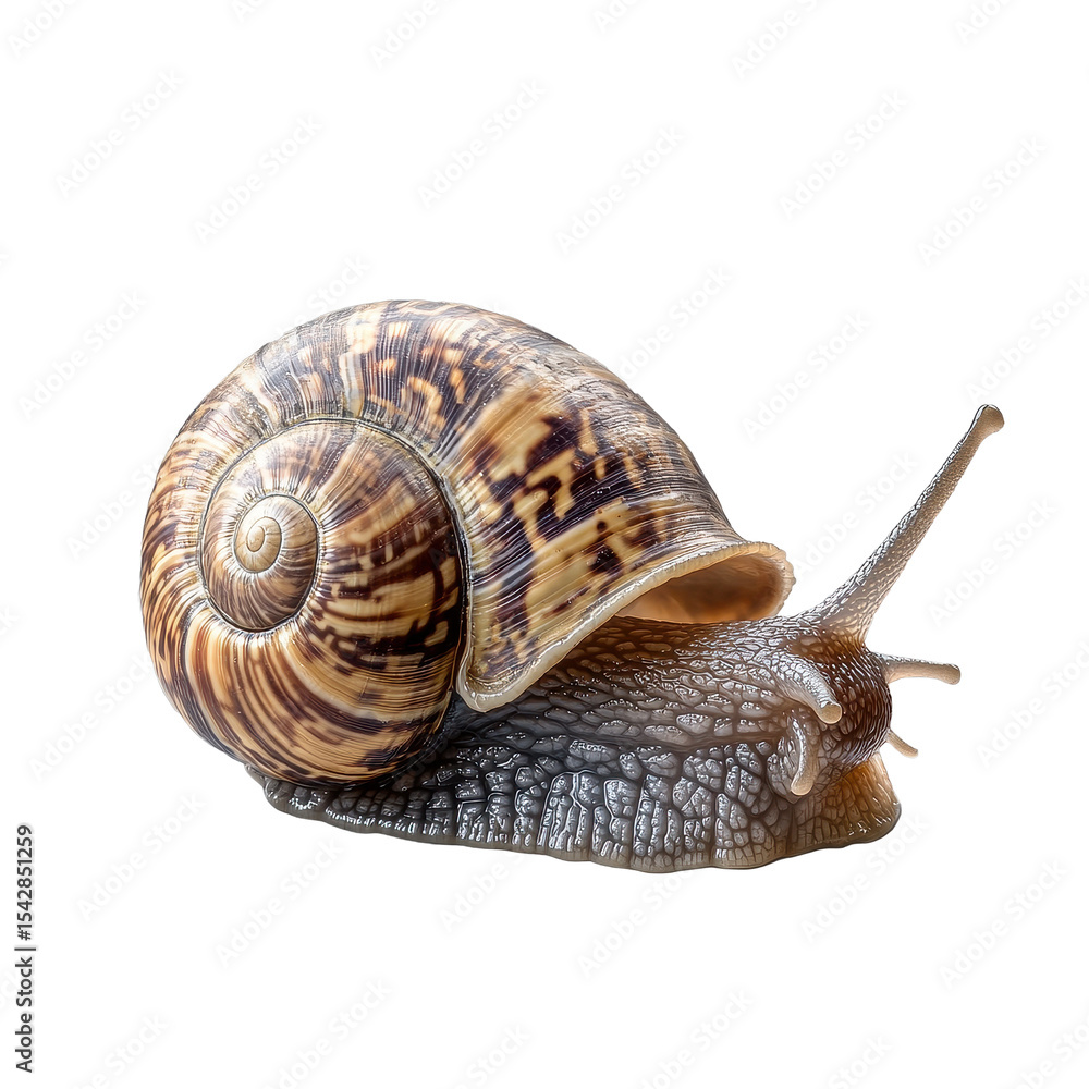 Poster snail moving slowly with a spiral shell on a transparent background showcasing its details and textu