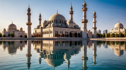 Majestic mosque reflected in calm water, surrounded by modern city skyline under a clear sky.