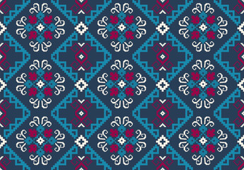 Cross stitch pattern concept showcasing traditional ethnic geometric pattern, Design for textile, background,carpet,wallpaper,clothing,wrapping,Batik,fabric,Vector illustration	
