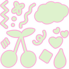Pastel Pink Outline Cherry, Heart, Squiggle Sticker Pack PNG