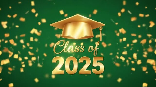 Celebratory animated video for the class of 2025 with golden confetti and graduation cap