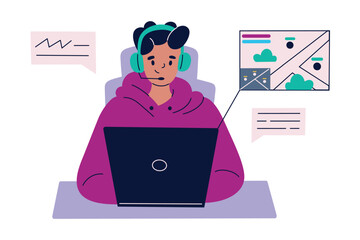 Flat cartoon vector illustration of gamer at desk with laptop and headphones. Male character playing video game with map on screen. Gaming, streaming, youth lifestyle, e sports composition