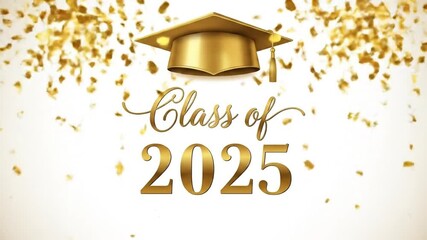 Elegant animated celebration for the class of 2025 graduation with golden caps and confetti falling
