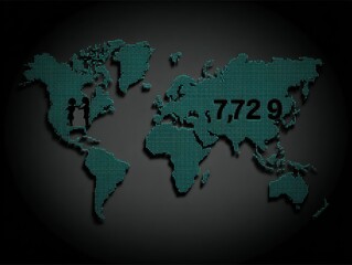 World map with stylized pixelated texture and large number
