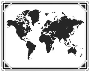 Simple black and white world map with frame