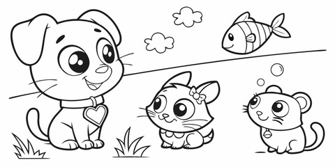 Obraz premium Cute baby animal cartoon coloring page set featuring a funny dog head and alphabet illustrations