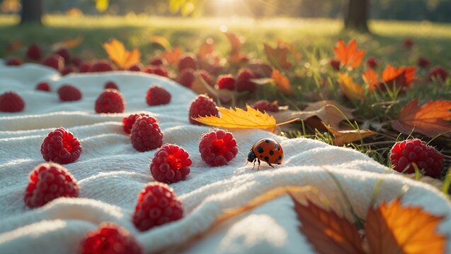 Raspberries and Ladybug on Blanket in Autumn Sunlight Outdoors