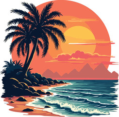 Tropical coast sunset vector illustration Colorful beach scene with palm trees ocean and mountains for summer vacation travel design