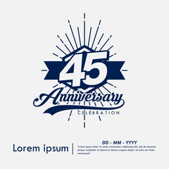 45th years anniversary celebration emblem. congratulations anniversary calligraphy isolated with laurel sunburst and ribbon on white background. vector illustration template design for web banner