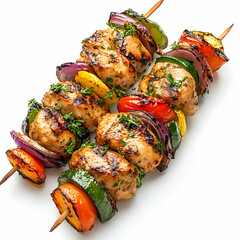 Juicy chicken shashlik skewers with vibrant grilled vegetables, isolated on a white background