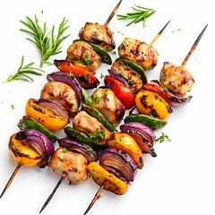 Juicy chicken shashlik skewers with vibrant grilled vegetables, isolated on a white background