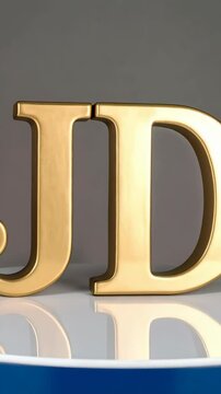 Close-up of the Golden Letters JD on a White Glossy Surface with a Blue Stripe for a Modern Interior