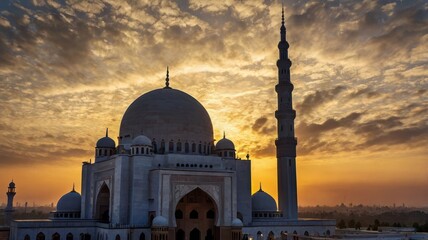 Majestic Mosque Silhouette at Sunrise A breathtaking view of a grand mosque at dawn.