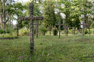 Old Wooden Crosses Covered with Moss in Quiet Forest Cemetery – Time and Memory Symbolism