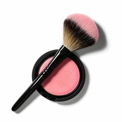 Vibrant beauty tools including a soft makeup brush and pink blush compact, isolated on a clean white background