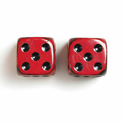 Two red casino dice with black dots, isolated on a white background