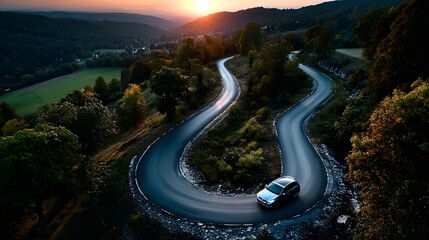 Drohnenaufnahme kurviger Gebirgsstraße bei Sonnenuntergang mit Auto
