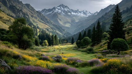 Alpenlandschaft mit bunten Blumenwiesen und majestätischer Bergkulisse
