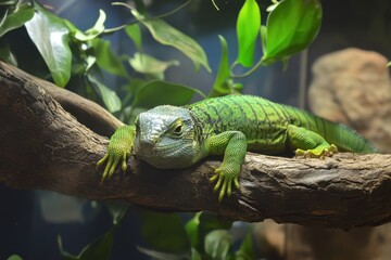 A green lizard is sitting on a branch. The lizard is green and has a long tail. The branch is brown and has leaves on it. Check out the stunning and vibrant green lizard resting on a branch.