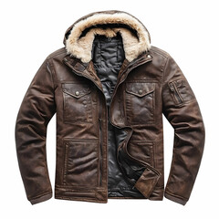 A winter jacket with a fur-lined hood, isolated against a white background