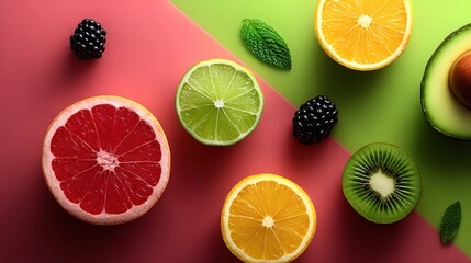 Colorful fruit slices arranged on a pink and green background