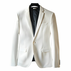 A white men's suit jacket with a single button closure and black lining, hanging on a white background