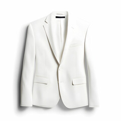 A white men's suit jacket with a single button closure and black lining, hanging on a white background
