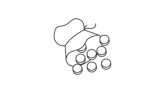 Animated 30 silver line icon. Judas pouch with scattered coins animation. Cost of betrayal. Traitor reward. Bible narrative. Outline element on white background. HD video with alpha channel