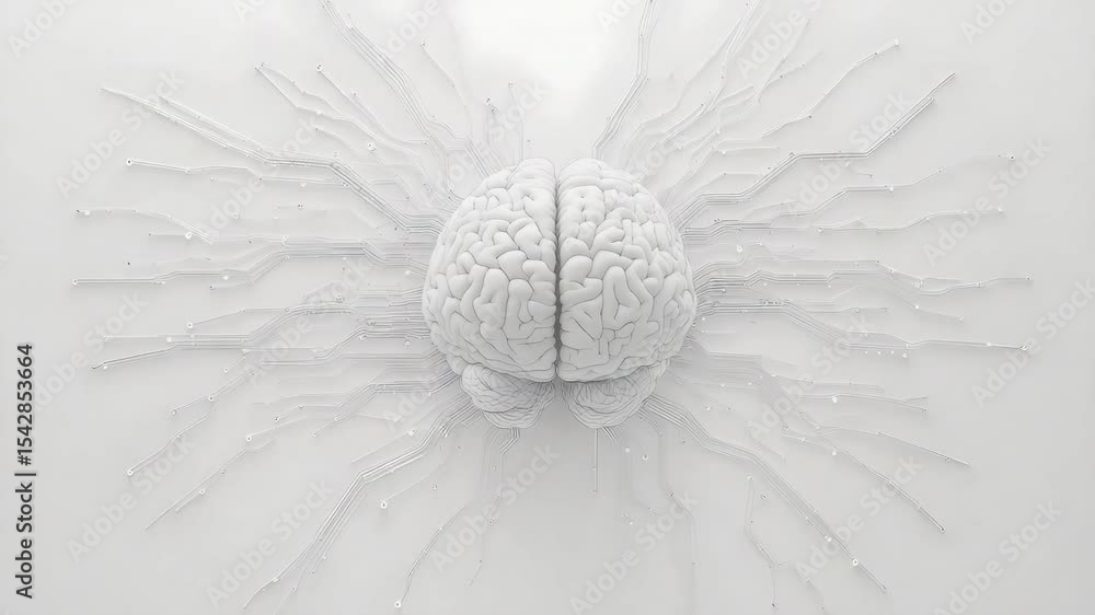 Poster a white brain sculpture with numerous thin, elongated strands extending outward, creating a striking