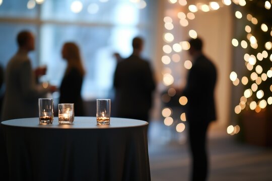 A table with three candles and a group of people standing around it. Scene is social and intimate, as the people are gathered around the table to enjoy each other's company.