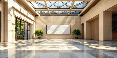 white rectangular billboard within enclosed concrete courtyard, deep shadows and skylight highlight, textured floor tiles, symmetrical layout, architectural design focus, ultra-real detail
