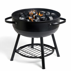 A traditional garden grill with a charcoal tray and black metal frame, isolated on a white background
