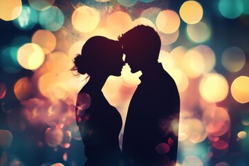 A couple is shown in silhouette, with the man's face and the woman's face cut off. Blurred background Silhouettes against an urban backdrop with soft and dreamy bokeh lights.