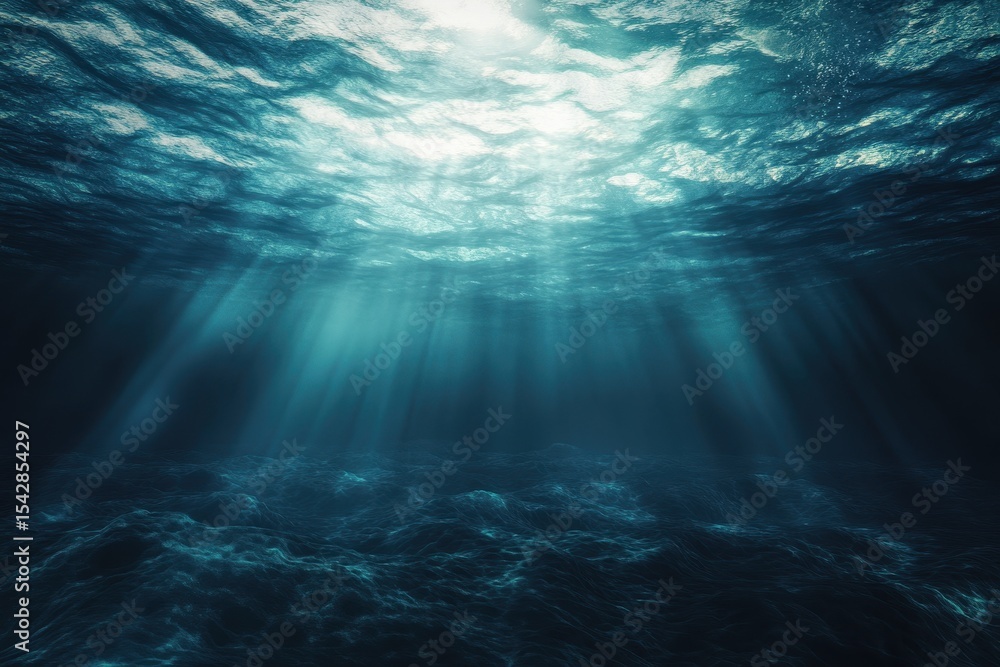 Poster underwater tranquility with shimmering rays filtering through blue depths, computer generated underw