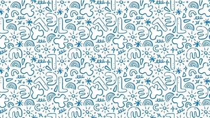 Seamless pattern with blue abstract shapes stars rainbows and squiggles on a white background design style