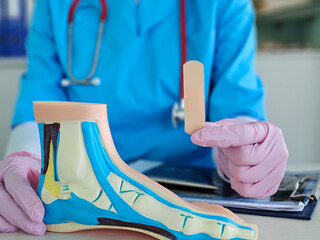 Orthopedic professional demonstrates foot model to explain treatment and care for ankle injuries...