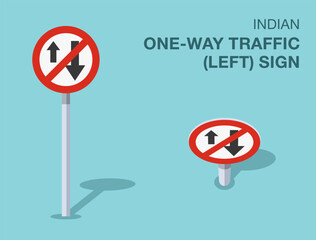 Traffic regulation rules. Isolated indian "one-way traffic (left)" road sign. Front and top view. Flat vector illustration template.