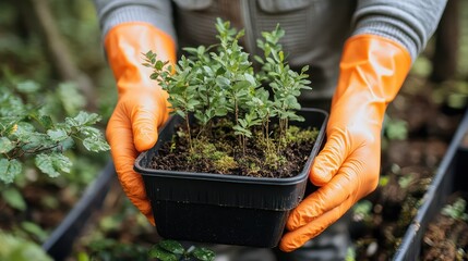 Hands in Orange Gloves Holding Small Plants in Pot, Garden