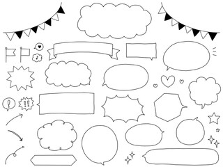 黒い線の手書きの吹き出し・装飾素材セット / Hand-drawn Speech Bubbles and Decorative Elements in Black Lines