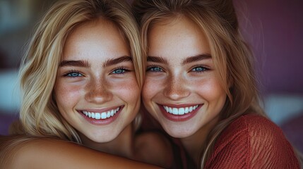 Happy blonde twins embracing, indoor setting, soft pink backdrop