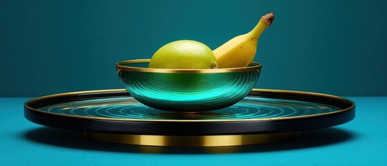 A teal bowl with a banana and a lime-green fruit sits atop a rotating teal and gold tray on a teal background